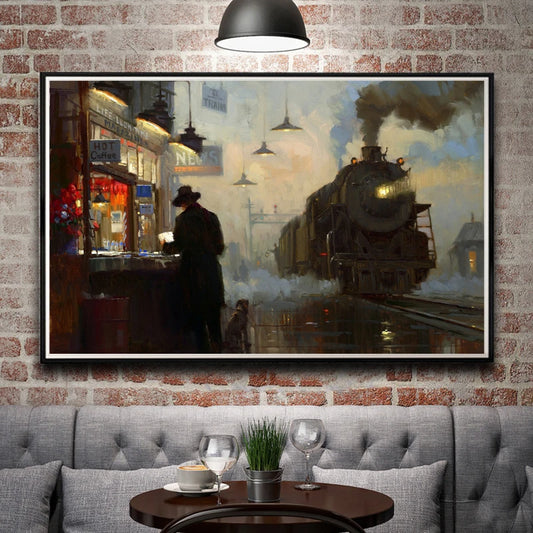 Train Station Rain Smoke Boat Abstract Painting