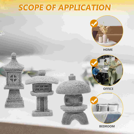 3Pcs Mini Stone Pavilion Statue Set