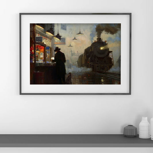 Train Station Rain Smoke Boat Abstract Painting