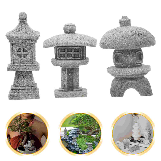3Pcs Mini Stone Pavilion Statue Set